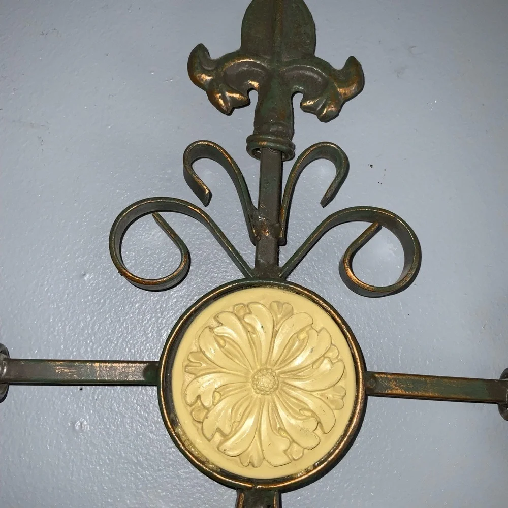 Bronze Wrought Iron Large Heavy Fleur De Lis Cross Ready To Hang 19” X 14”
